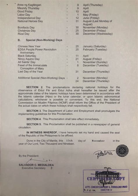 Holidays for Year 2020 Per Proclamation 845 (PDF) .